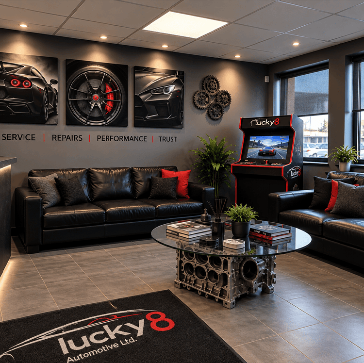 The Lucky Eight Auto Repair LTD front desk, with a glass-topped table built on an engine block