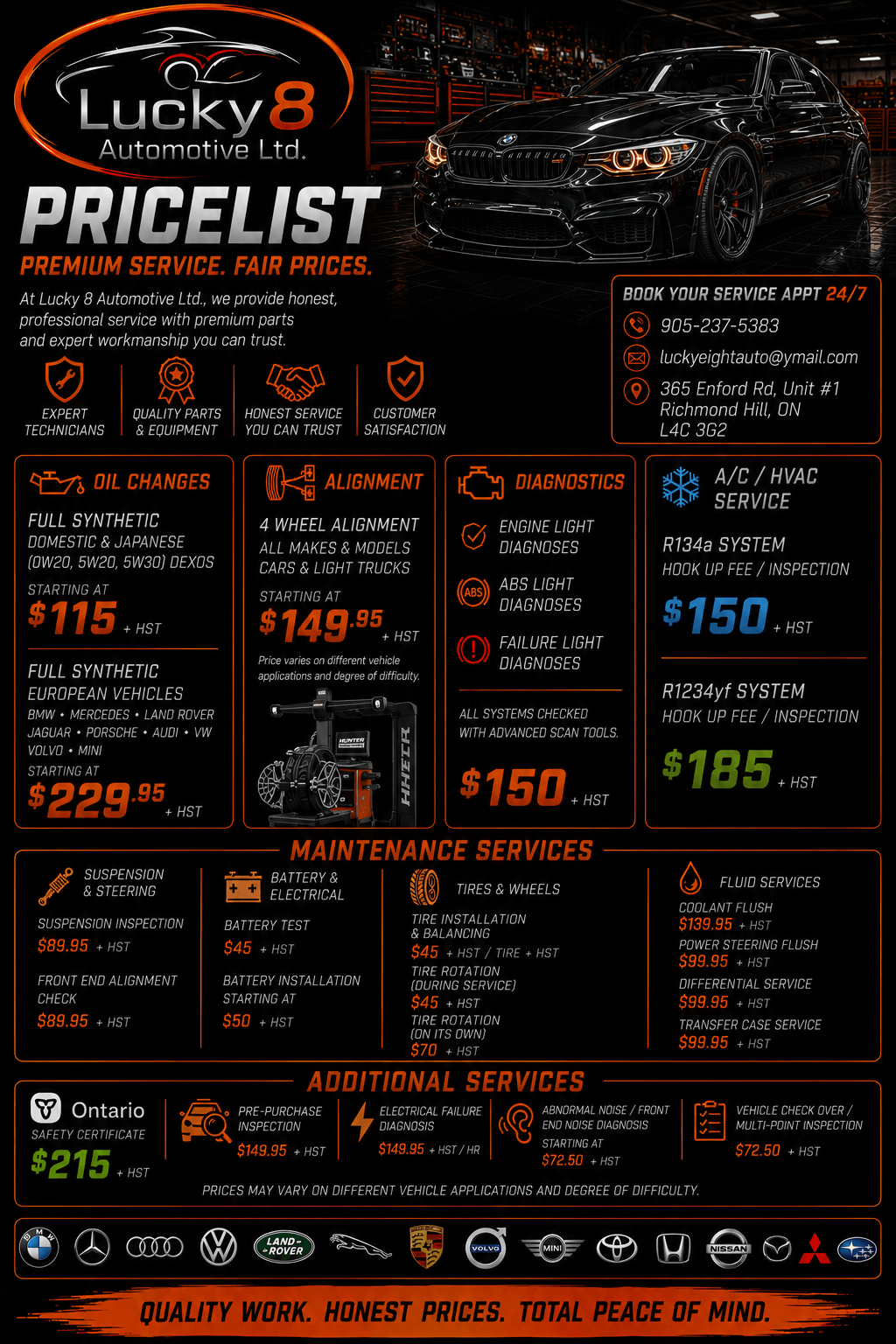 Pricelist for Lucky Eight Auto Repair